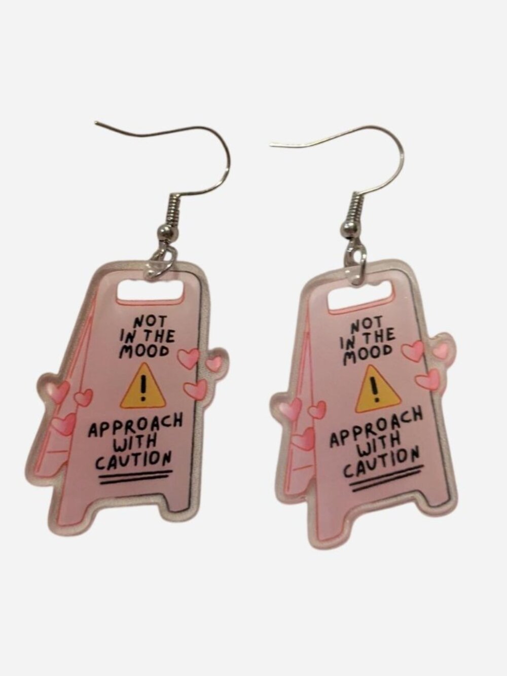Pink "Not In The Mood" earrings with caution sign design and hearts brand new,